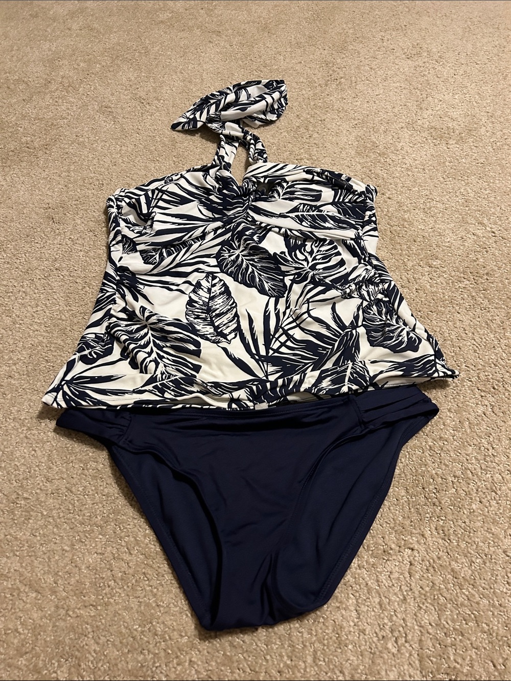 Kona Sol Navy and White Palm-Print Tankini Set